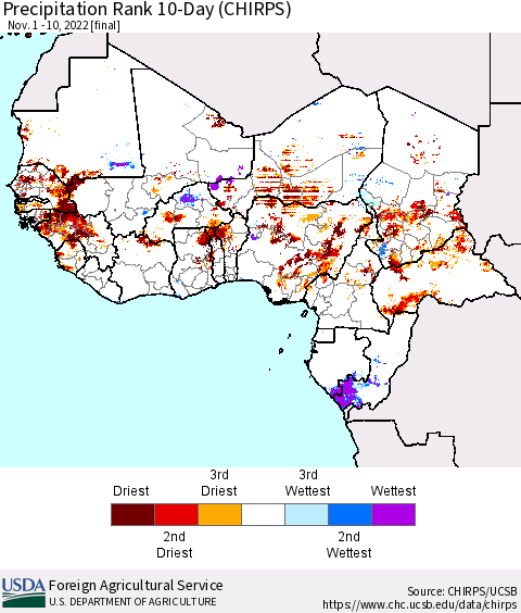 Western Africa Precipitation Rank since 1981, 10-Day (CHIRPS) Thematic Map For 11/1/2022 - 11/10/2022
