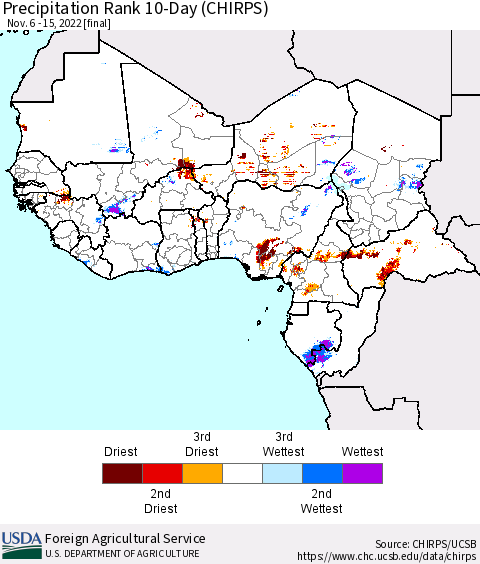 Western Africa Precipitation Rank since 1981, 10-Day (CHIRPS) Thematic Map For 11/6/2022 - 11/15/2022