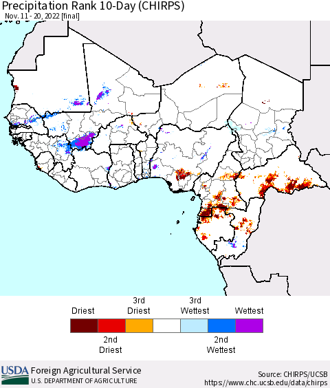 Western Africa Precipitation Rank since 1981, 10-Day (CHIRPS) Thematic Map For 11/11/2022 - 11/20/2022
