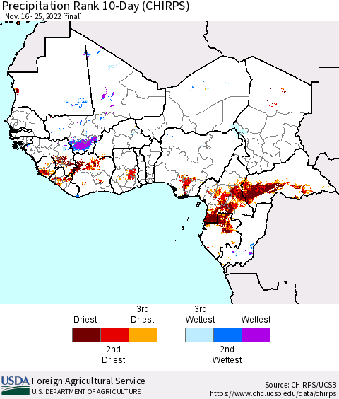 Western Africa Precipitation Rank since 1981, 10-Day (CHIRPS) Thematic Map For 11/16/2022 - 11/25/2022