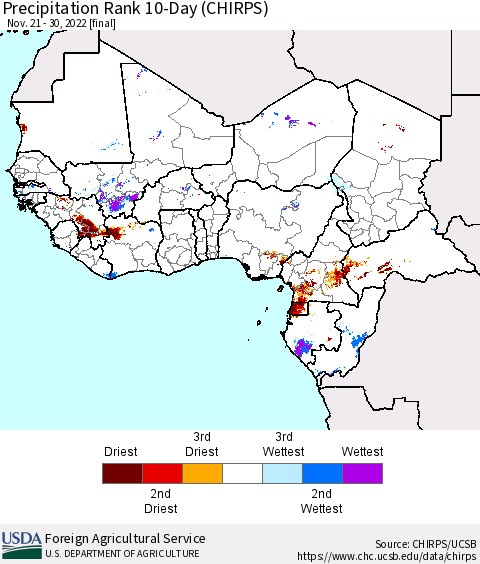 Western Africa Precipitation Rank since 1981, 10-Day (CHIRPS) Thematic Map For 11/21/2022 - 11/30/2022