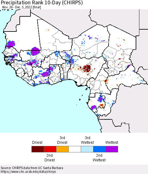 Western Africa Precipitation Rank since 1981, 10-Day (CHIRPS) Thematic Map For 11/26/2022 - 12/5/2022