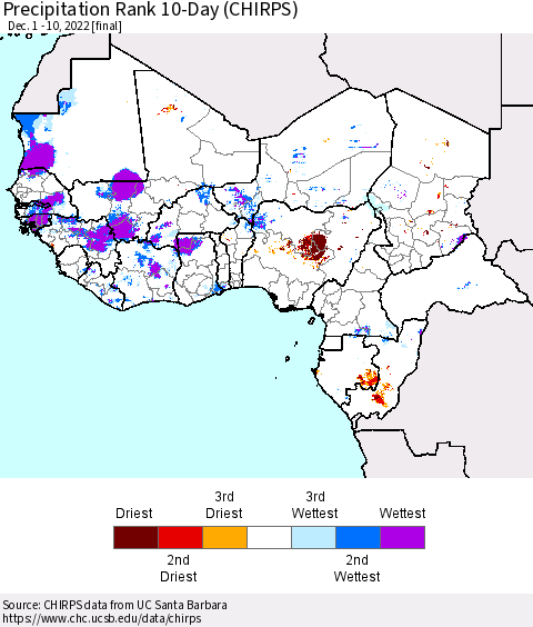 Western Africa Precipitation Rank since 1981, 10-Day (CHIRPS) Thematic Map For 12/1/2022 - 12/10/2022