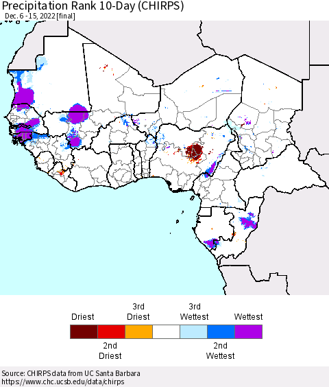Western Africa Precipitation Rank since 1981, 10-Day (CHIRPS) Thematic Map For 12/6/2022 - 12/15/2022