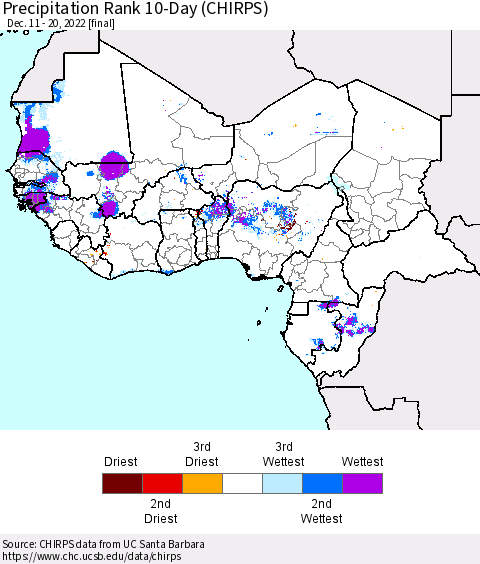 Western Africa Precipitation Rank since 1981, 10-Day (CHIRPS) Thematic Map For 12/11/2022 - 12/20/2022