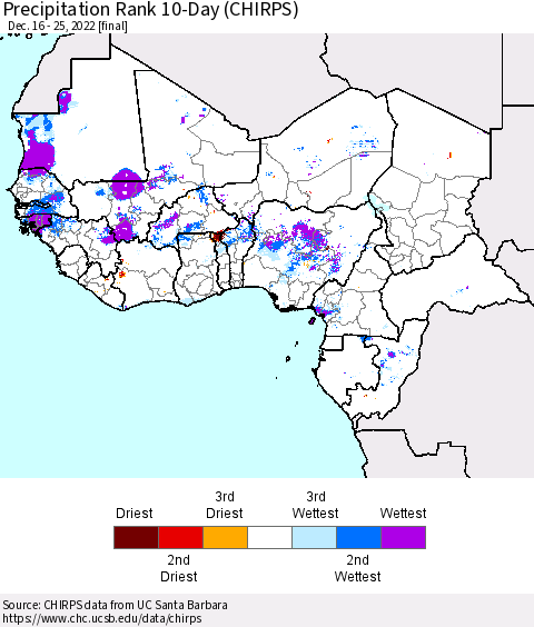 Western Africa Precipitation Rank since 1981, 10-Day (CHIRPS) Thematic Map For 12/16/2022 - 12/25/2022