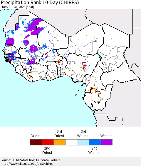 Western Africa Precipitation Rank since 1981, 10-Day (CHIRPS) Thematic Map For 12/21/2022 - 12/31/2022