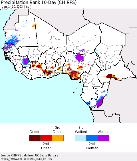 Western Africa Precipitation Rank since 1981, 10-Day (CHIRPS) Thematic Map For 1/1/2023 - 1/10/2023