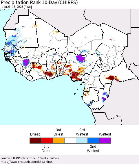Western Africa Precipitation Rank since 1981, 10-Day (CHIRPS) Thematic Map For 1/6/2023 - 1/15/2023