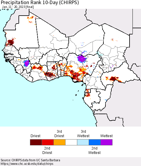 Western Africa Precipitation Rank since 1981, 10-Day (CHIRPS) Thematic Map For 1/11/2023 - 1/20/2023