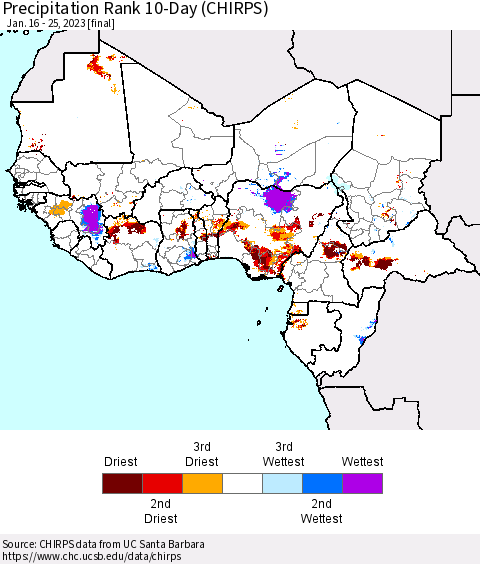 Western Africa Precipitation Rank since 1981, 10-Day (CHIRPS) Thematic Map For 1/16/2023 - 1/25/2023