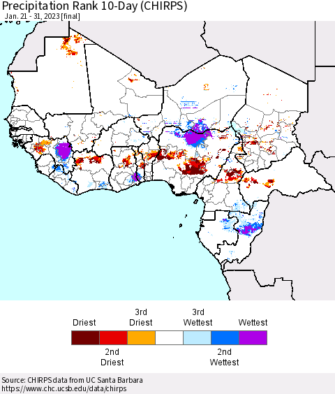 Western Africa Precipitation Rank since 1981, 10-Day (CHIRPS) Thematic Map For 1/21/2023 - 1/31/2023
