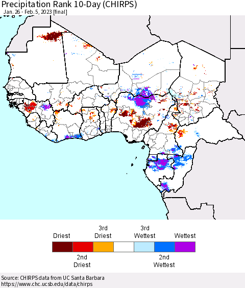 Western Africa Precipitation Rank since 1981, 10-Day (CHIRPS) Thematic Map For 1/26/2023 - 2/5/2023