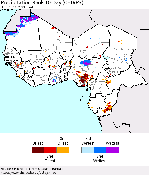 Western Africa Precipitation Rank since 1981, 10-Day (CHIRPS) Thematic Map For 2/1/2023 - 2/10/2023