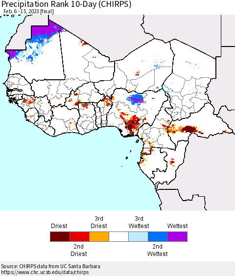 Western Africa Precipitation Rank since 1981, 10-Day (CHIRPS) Thematic Map For 2/6/2023 - 2/15/2023