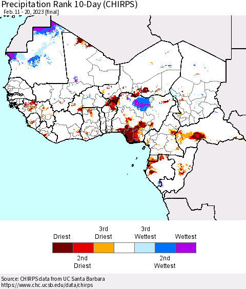 Western Africa Precipitation Rank since 1981, 10-Day (CHIRPS) Thematic Map For 2/11/2023 - 2/20/2023
