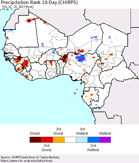 Western Africa Precipitation Rank since 1981, 10-Day (CHIRPS) Thematic Map For 2/16/2023 - 2/25/2023