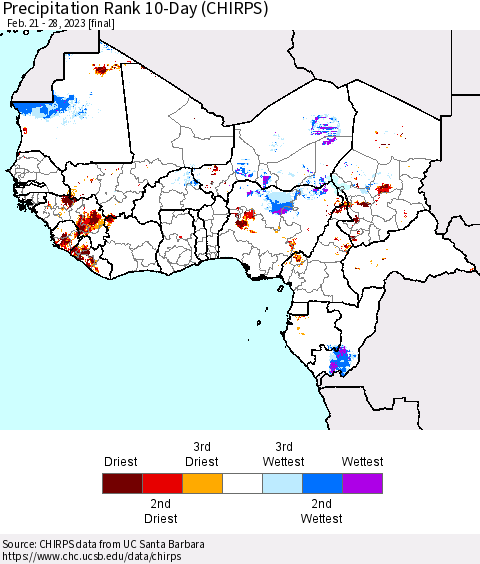 Western Africa Precipitation Rank since 1981, 10-Day (CHIRPS) Thematic Map For 2/21/2023 - 2/28/2023