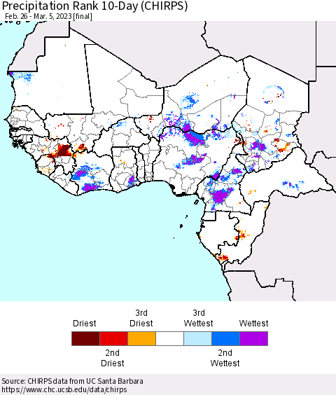 Western Africa Precipitation Rank since 1981, 10-Day (CHIRPS) Thematic Map For 2/26/2023 - 3/5/2023