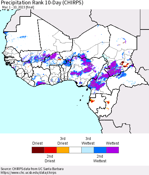Western Africa Precipitation Rank since 1981, 10-Day (CHIRPS) Thematic Map For 3/1/2023 - 3/10/2023