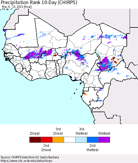 Western Africa Precipitation Rank since 1981, 10-Day (CHIRPS) Thematic Map For 3/6/2023 - 3/15/2023