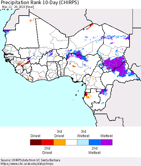 Western Africa Precipitation Rank since 1981, 10-Day (CHIRPS) Thematic Map For 3/11/2023 - 3/20/2023