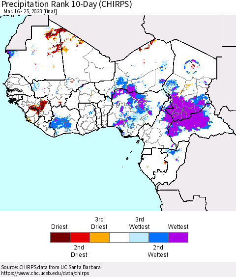 Western Africa Precipitation Rank since 1981, 10-Day (CHIRPS) Thematic Map For 3/16/2023 - 3/25/2023