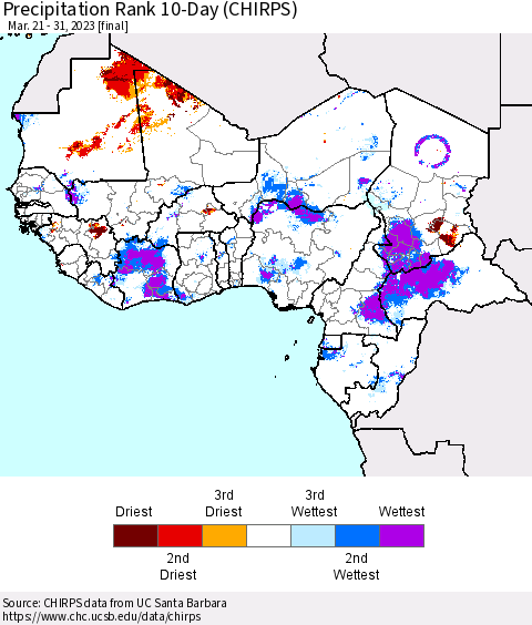 Western Africa Precipitation Rank since 1981, 10-Day (CHIRPS) Thematic Map For 3/21/2023 - 3/31/2023