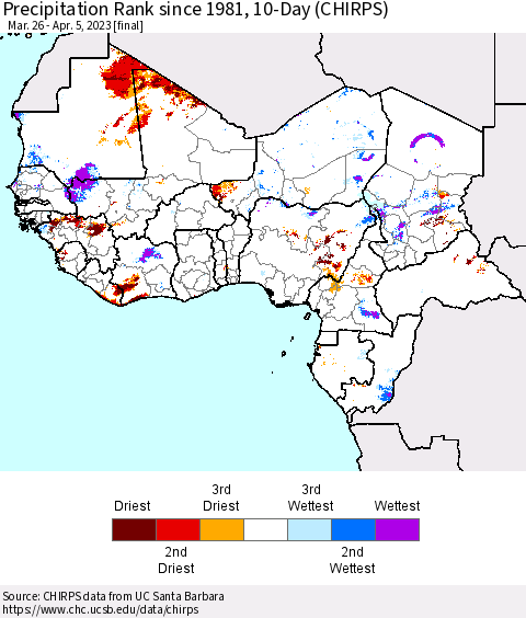 Western Africa Precipitation Rank since 1981, 10-Day (CHIRPS) Thematic Map For 3/26/2023 - 4/5/2023