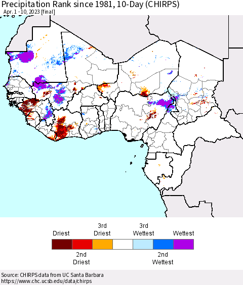 Western Africa Precipitation Rank since 1981, 10-Day (CHIRPS) Thematic Map For 4/1/2023 - 4/10/2023