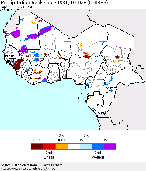 Western Africa Precipitation Rank since 1981, 10-Day (CHIRPS) Thematic Map For 4/6/2023 - 4/15/2023