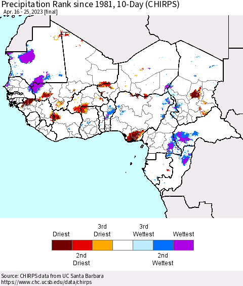 Western Africa Precipitation Rank since 1981, 10-Day (CHIRPS) Thematic Map For 4/16/2023 - 4/25/2023