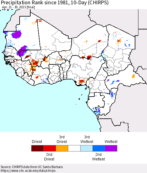 Western Africa Precipitation Rank since 1981, 10-Day (CHIRPS) Thematic Map For 4/21/2023 - 4/30/2023