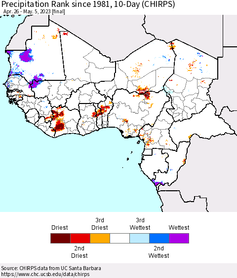 Western Africa Precipitation Rank since 1981, 10-Day (CHIRPS) Thematic Map For 4/26/2023 - 5/5/2023