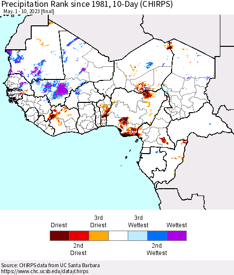 Western Africa Precipitation Rank since 1981, 10-Day (CHIRPS) Thematic Map For 5/1/2023 - 5/10/2023