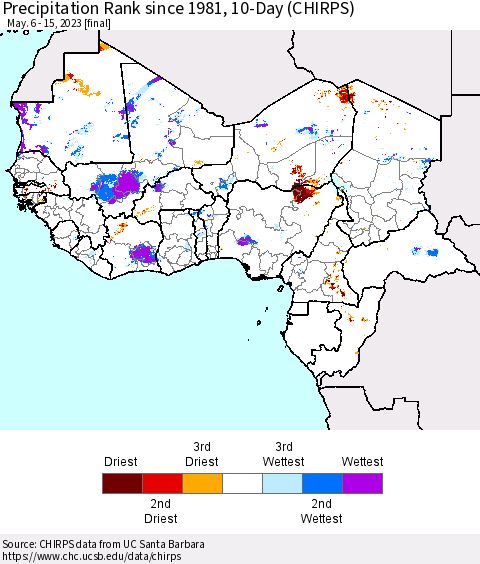 Western Africa Precipitation Rank since 1981, 10-Day (CHIRPS) Thematic Map For 5/6/2023 - 5/15/2023
