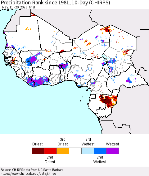 Western Africa Precipitation Rank since 1981, 10-Day (CHIRPS) Thematic Map For 5/11/2023 - 5/20/2023
