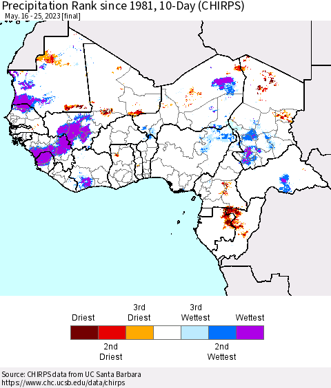 Western Africa Precipitation Rank since 1981, 10-Day (CHIRPS) Thematic Map For 5/16/2023 - 5/25/2023