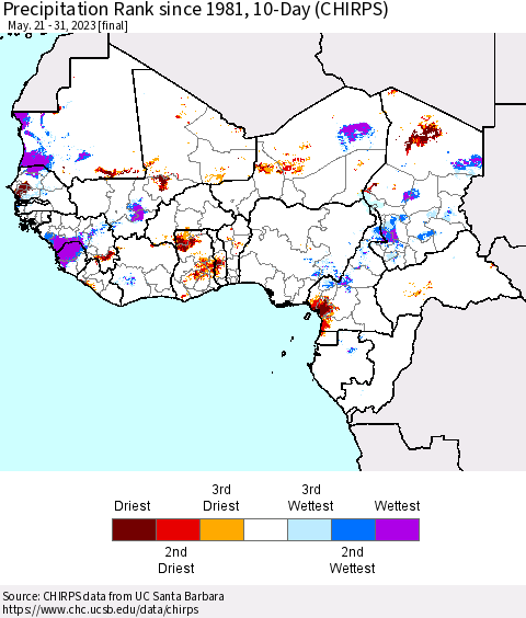 Western Africa Precipitation Rank since 1981, 10-Day (CHIRPS) Thematic Map For 5/21/2023 - 5/31/2023