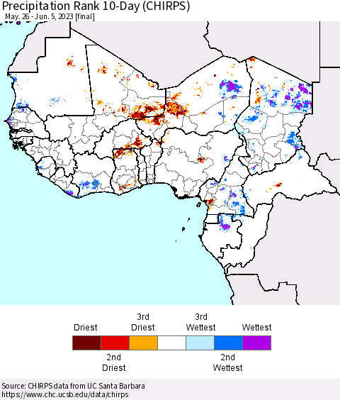 Western Africa Precipitation Rank since 1981, 10-Day (CHIRPS) Thematic Map For 5/26/2023 - 6/5/2023