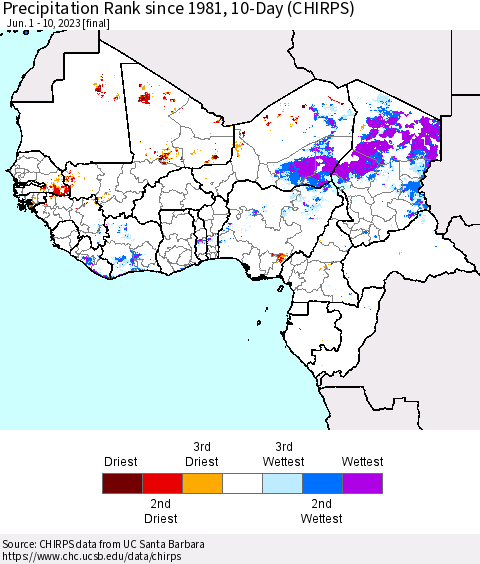 Western Africa Precipitation Rank since 1981, 10-Day (CHIRPS) Thematic Map For 6/1/2023 - 6/10/2023