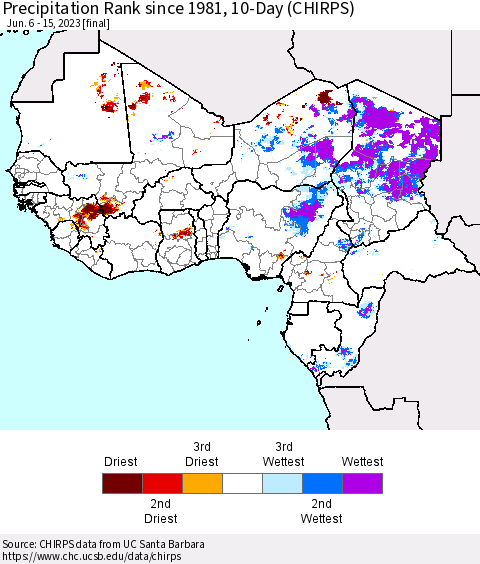 Western Africa Precipitation Rank since 1981, 10-Day (CHIRPS) Thematic Map For 6/6/2023 - 6/15/2023