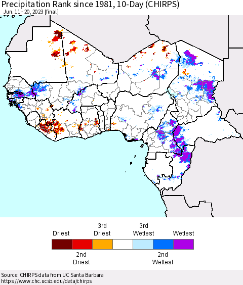 Western Africa Precipitation Rank since 1981, 10-Day (CHIRPS) Thematic Map For 6/11/2023 - 6/20/2023