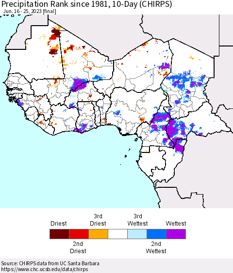 Western Africa Precipitation Rank since 1981, 10-Day (CHIRPS) Thematic Map For 6/16/2023 - 6/25/2023