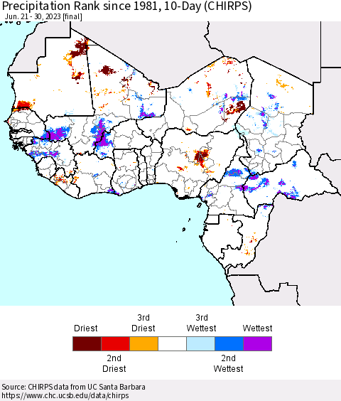 Western Africa Precipitation Rank since 1981, 10-Day (CHIRPS) Thematic Map For 6/21/2023 - 6/30/2023