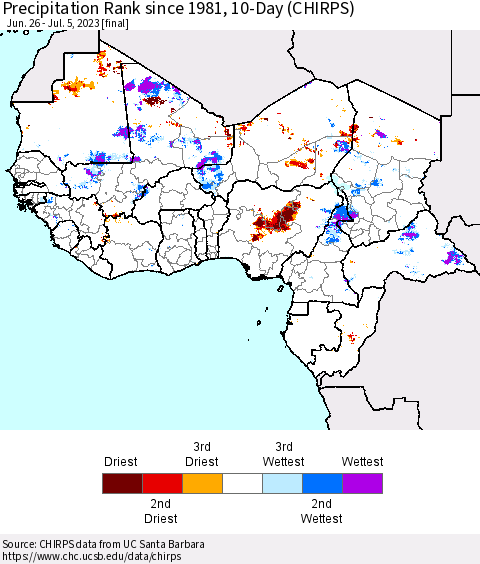 Western Africa Precipitation Rank since 1981, 10-Day (CHIRPS) Thematic Map For 6/26/2023 - 7/5/2023