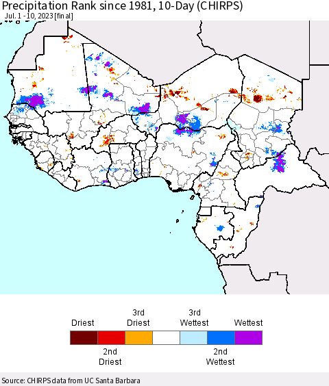 Western Africa Precipitation Rank since 1981, 10-Day (CHIRPS) Thematic Map For 7/1/2023 - 7/10/2023