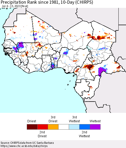 Western Africa Precipitation Rank since 1981, 10-Day (CHIRPS) Thematic Map For 7/6/2023 - 7/15/2023