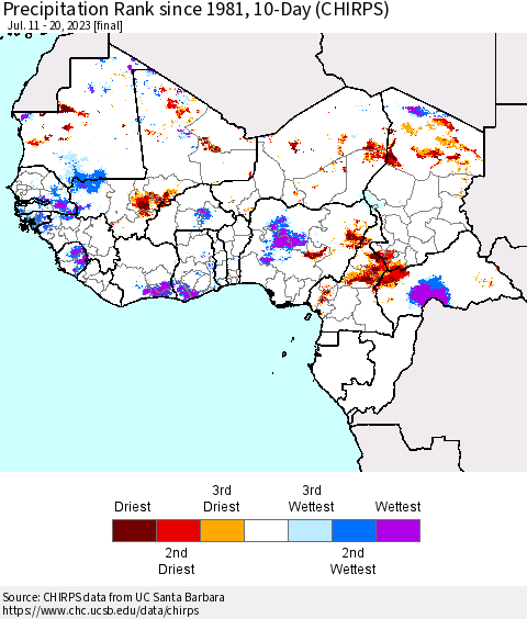 Western Africa Precipitation Rank since 1981, 10-Day (CHIRPS) Thematic Map For 7/11/2023 - 7/20/2023