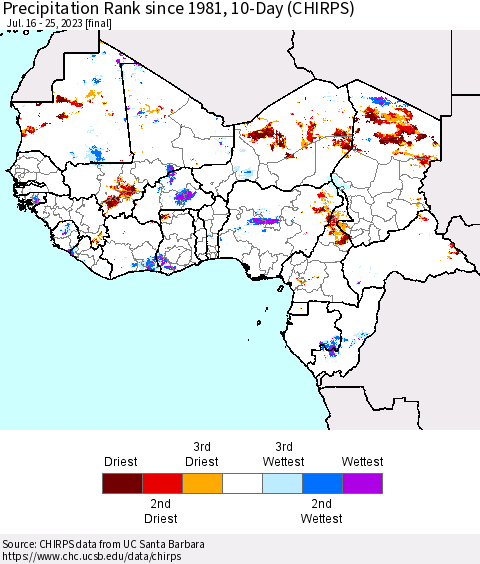 Western Africa Precipitation Rank since 1981, 10-Day (CHIRPS) Thematic Map For 7/16/2023 - 7/25/2023